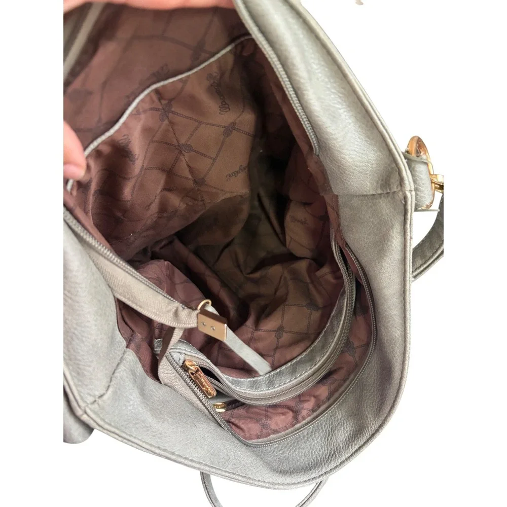 Wrangler Metallic Grey Faux Leather Crossbody Hobo Bag Gold Hardware Western